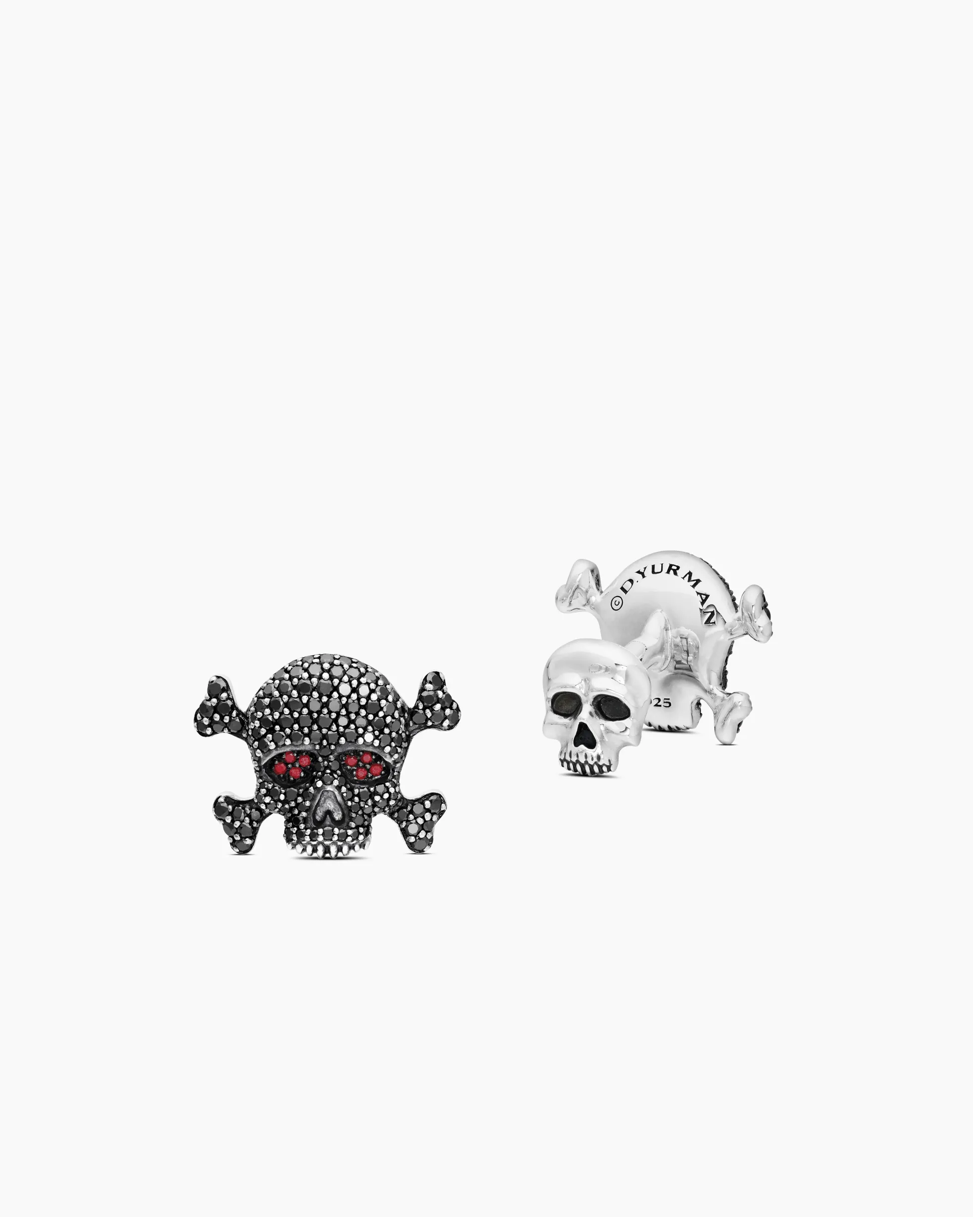 Memento Mori Skull Cufflinks Sterling Silver with Black Diamonds and Rubies, 24mm