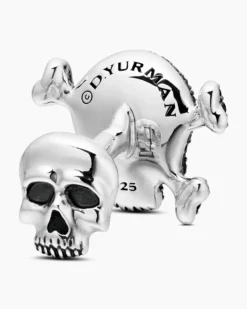 Memento Mori Skull Cufflinks Sterling Silver with Black Diamonds and Rubies, 24mm
