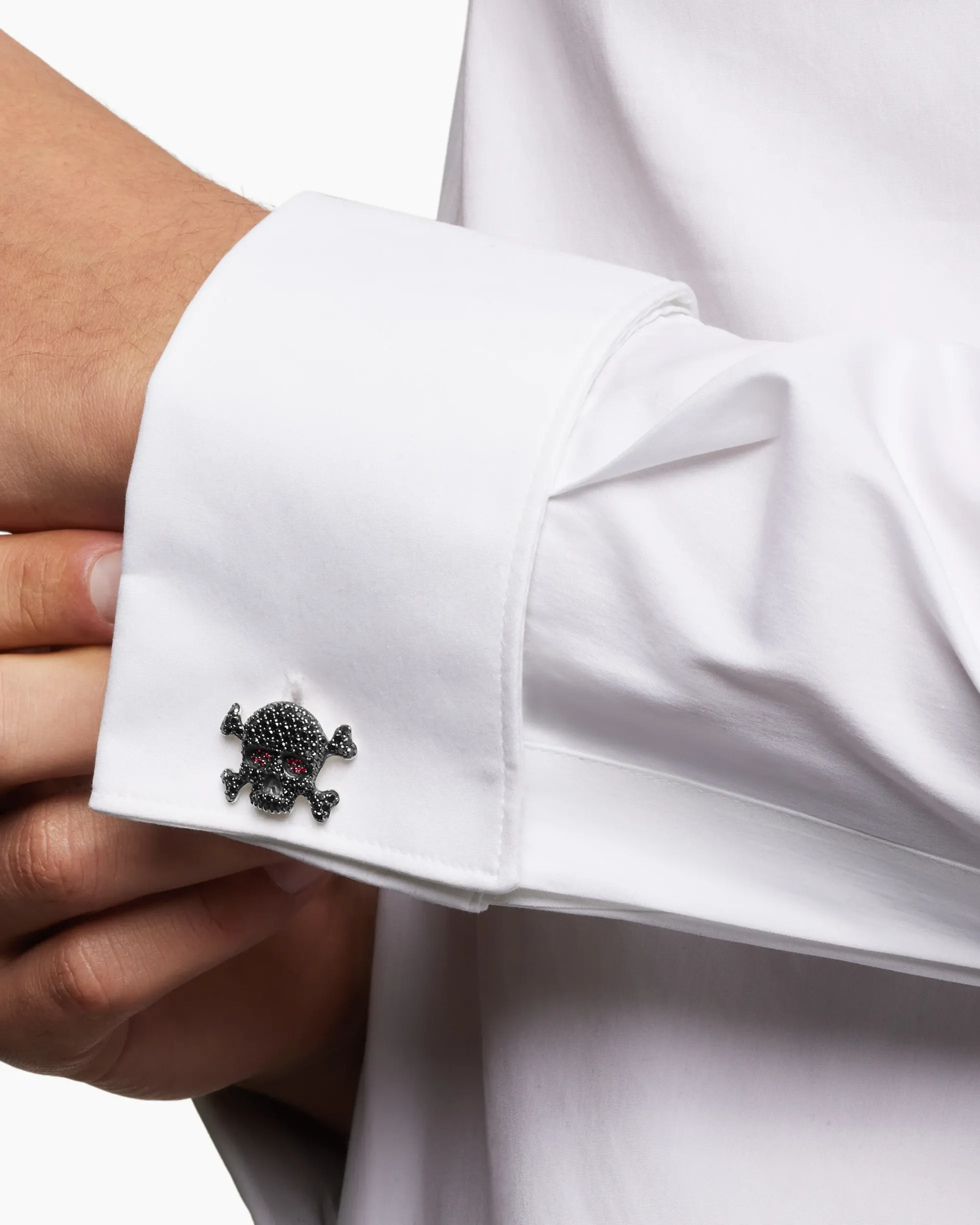 Memento Mori Skull Cufflinks Sterling Silver with Black Diamonds and Rubies, 24mm