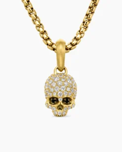 Memento Mori Skull Full Pavé Diamonds, Black Diamonds and 18K Yellow Gold, 14mm