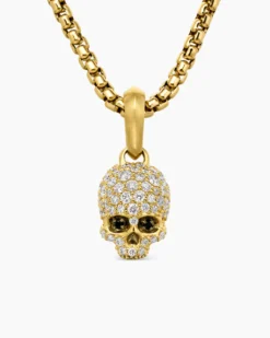 Memento Mori Skull Full Pavé Diamonds, Black Diamonds and 18K Yellow Gold, 14mm