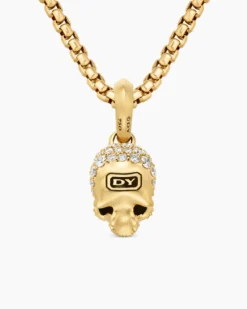 Memento Mori Skull Full Pavé Diamonds, Black Diamonds and 18K Yellow Gold, 14mm