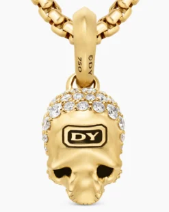 Memento Mori Skull Full Pavé Diamonds, Black Diamonds and 18K Yellow Gold, 14mm