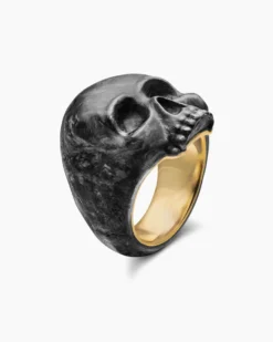 Memento Mori Skull Ring 18K Yellow Gold with Forged Carbon, 22mm