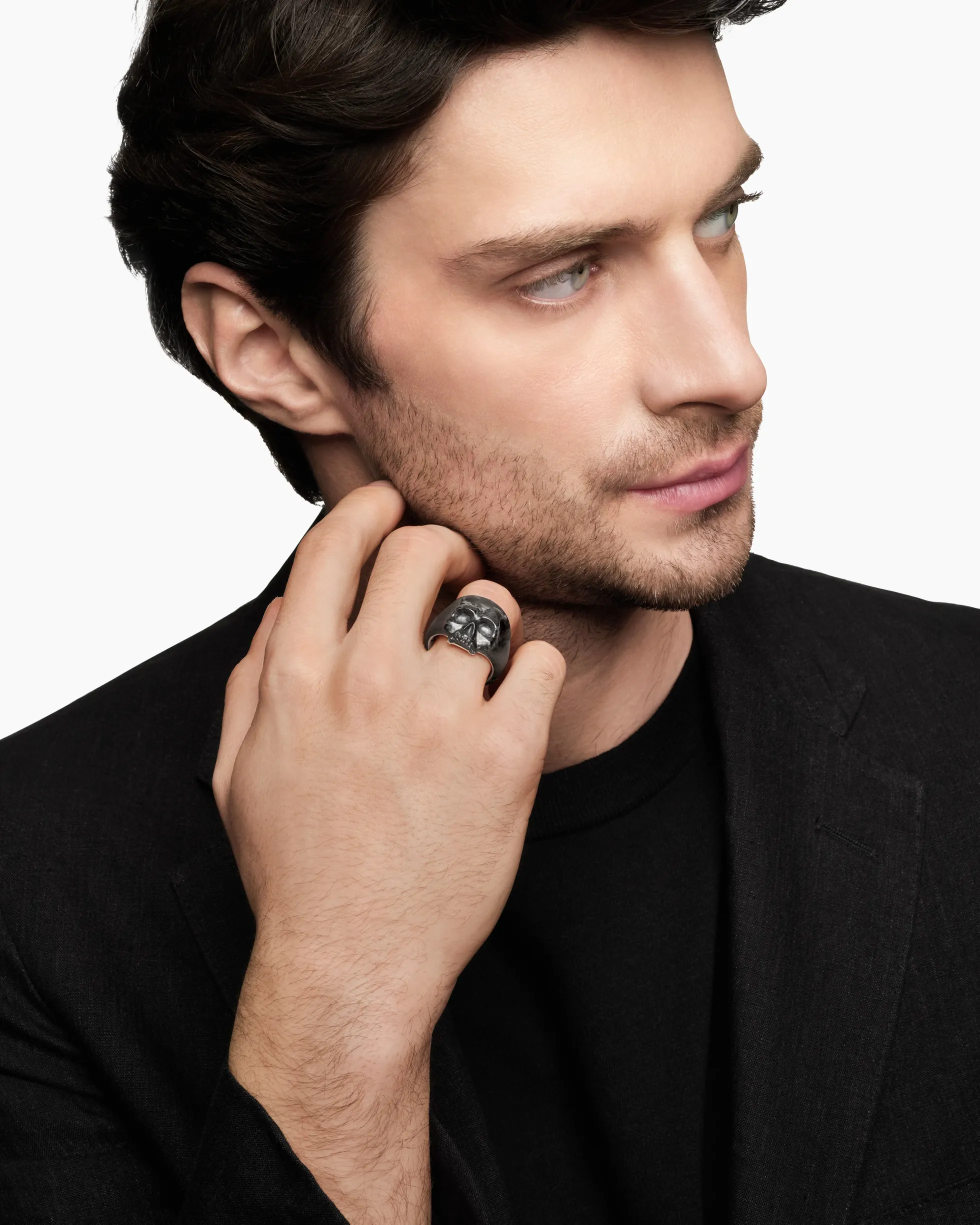 Memento Mori Skull Ring 18K Yellow Gold with Forged Carbon, 22mm
