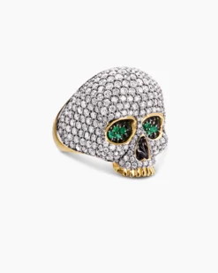 Memento Mori Skull Ring 18K Yellow Gold with Diamonds and Emeralds, 26mm