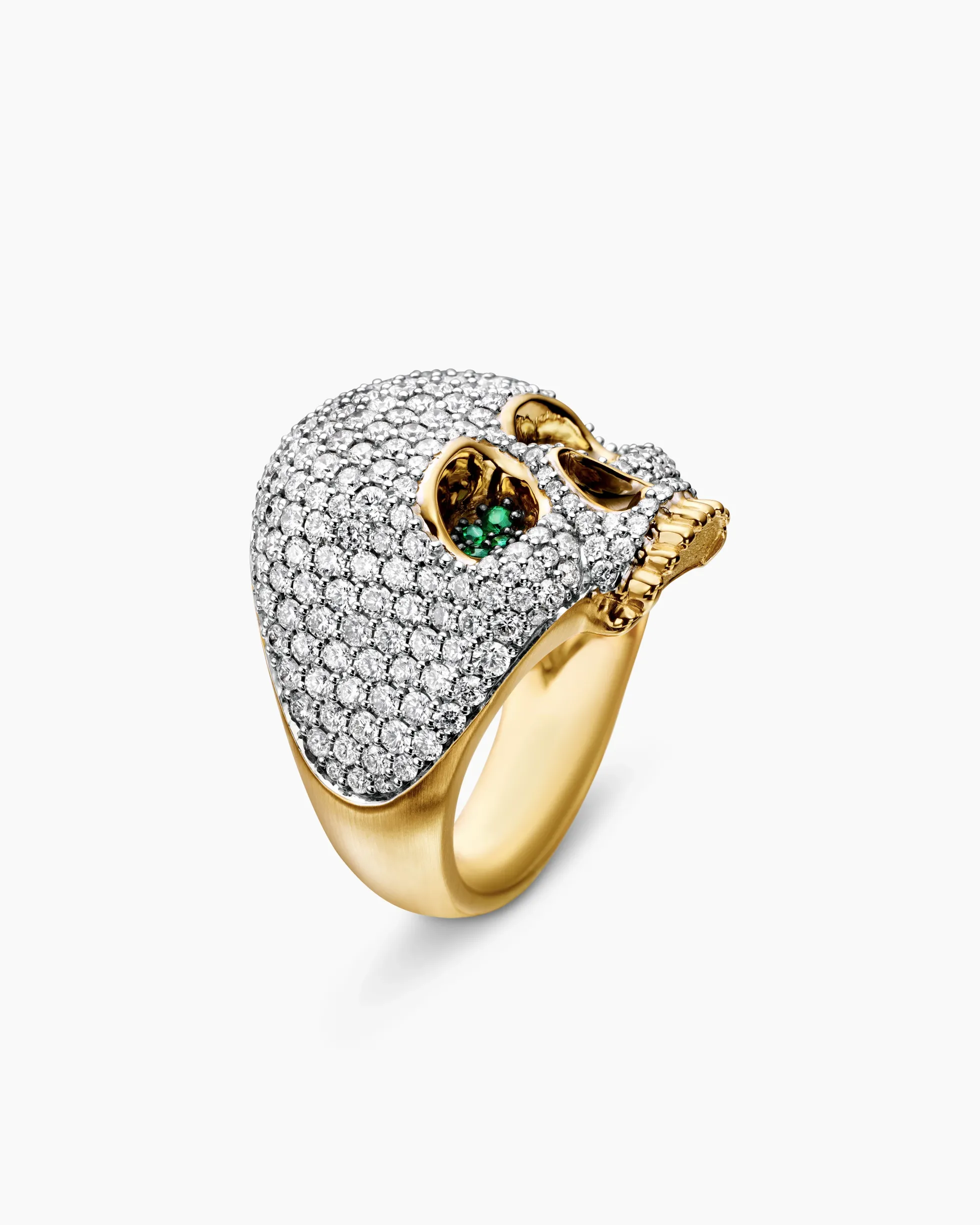 Memento Mori Skull Ring 18K Yellow Gold with Diamonds and Emeralds, 26mm
