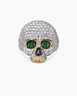 Memento Mori Skull Ring 18K Yellow Gold with Diamonds and Emeralds, 26mm