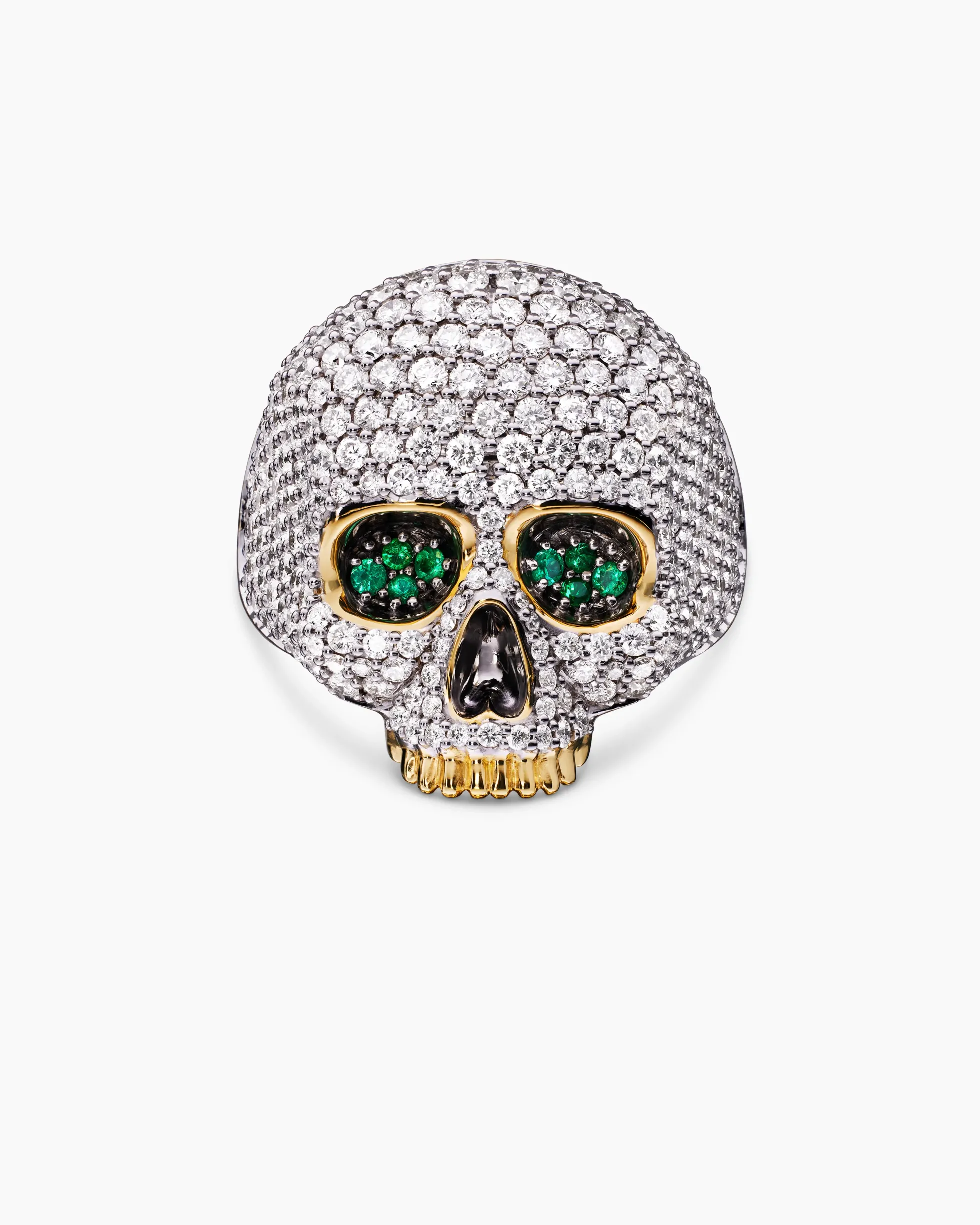 Memento Mori Skull Ring 18K Yellow Gold with Diamonds and Emeralds, 26mm