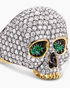 Memento Mori Skull Ring 18K Yellow Gold with Diamonds and Emeralds, 26mm
