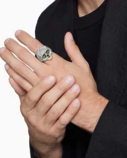 Memento Mori Skull Ring 18K Yellow Gold with Diamonds and Emeralds, 26mm