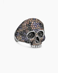 Memento Mori Skull Ring Sterling Silver with Black Diamonds and Cognac Diamonds, 26mm