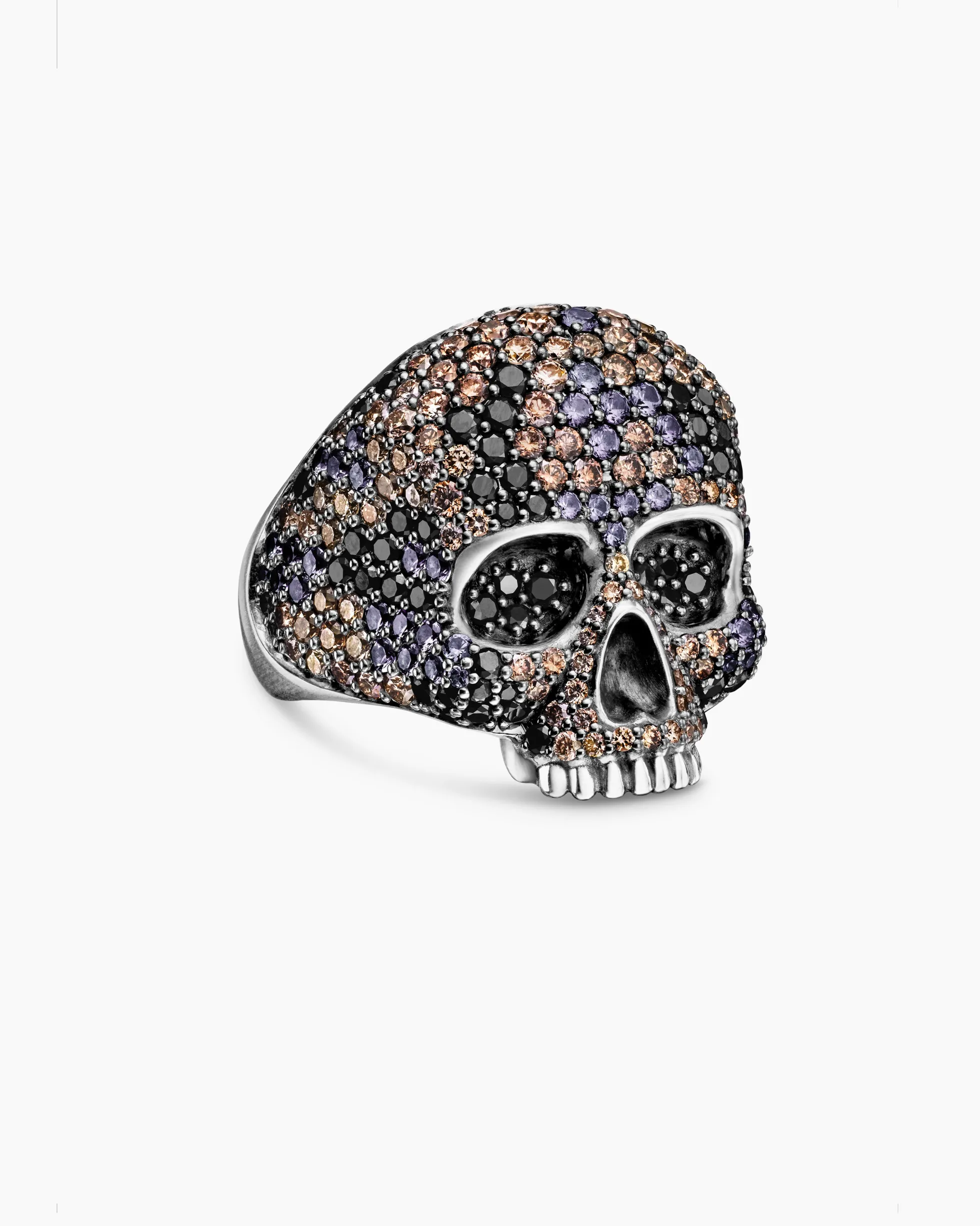 Memento Mori Skull Ring Sterling Silver with Black Diamonds and Cognac Diamonds, 26mm