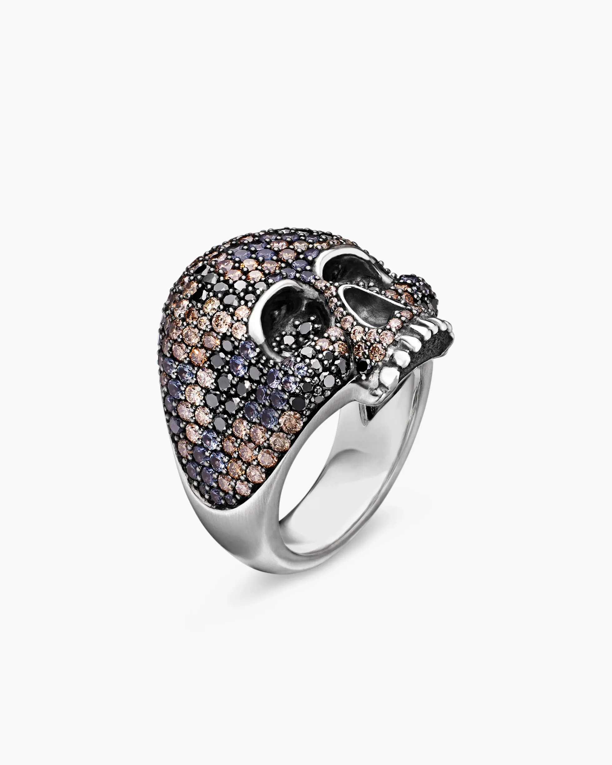 Memento Mori Skull Ring Sterling Silver with Black Diamonds and Cognac Diamonds, 26mm