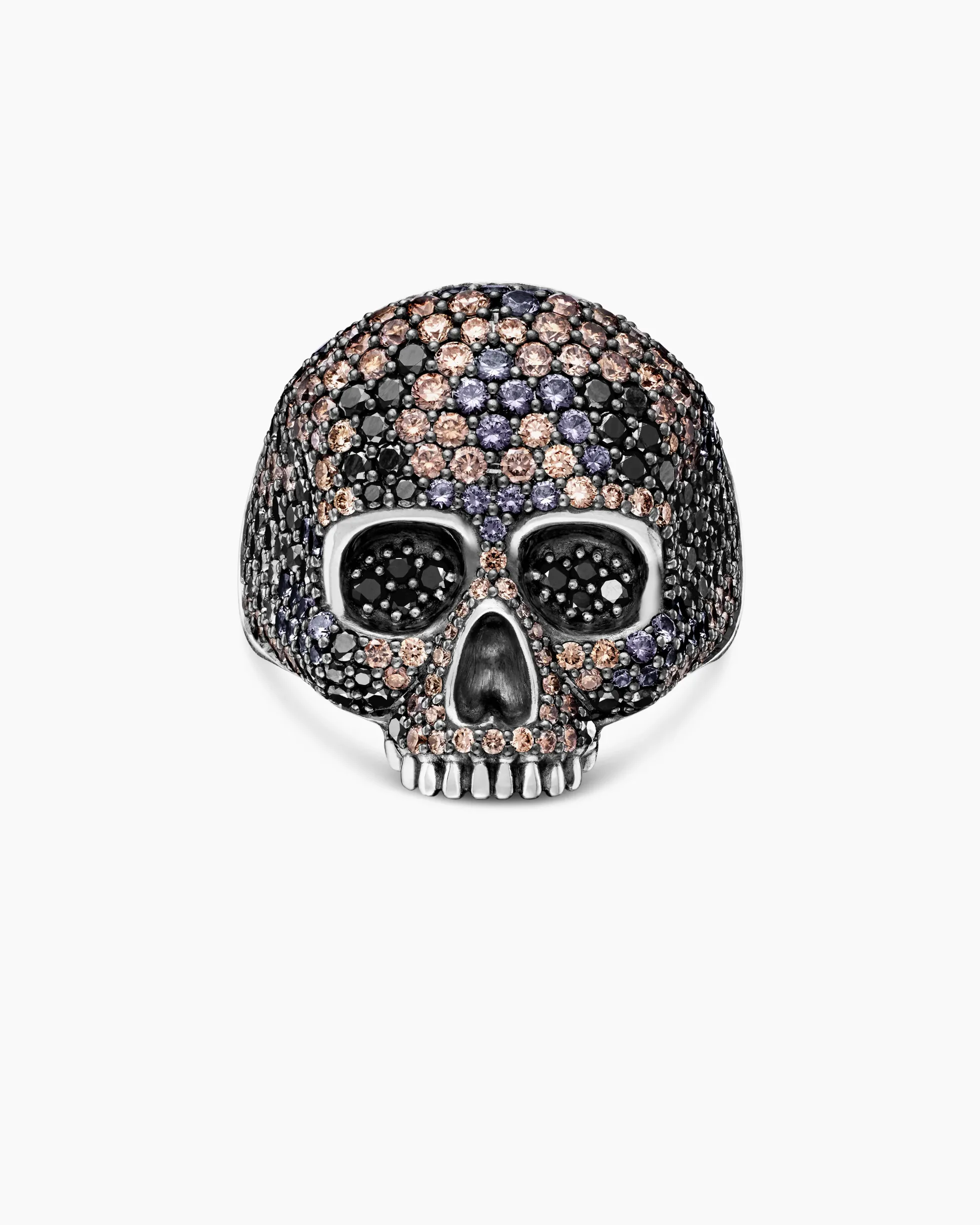 Memento Mori Skull Ring Sterling Silver with Black Diamonds and Cognac Diamonds, 26mm