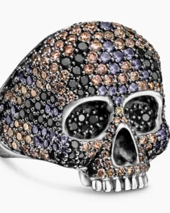 Memento Mori Skull Ring Sterling Silver with Black Diamonds and Cognac Diamonds, 26mm