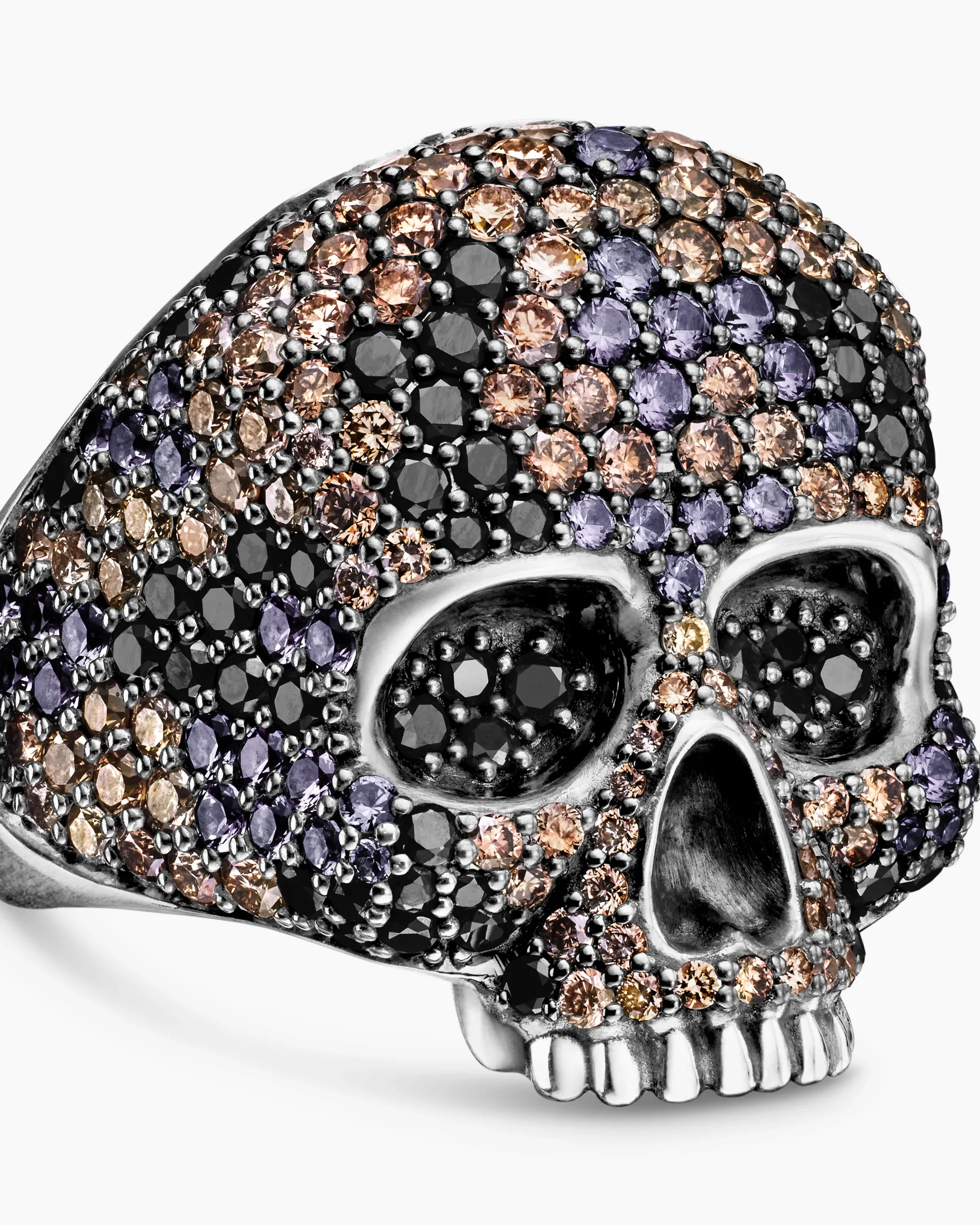 Memento Mori Skull Ring Sterling Silver with Black Diamonds and Cognac Diamonds, 26mm