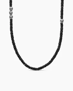 Memento Mori Skull Station Necklace Sterling Silver with Black Spinel, 6mm