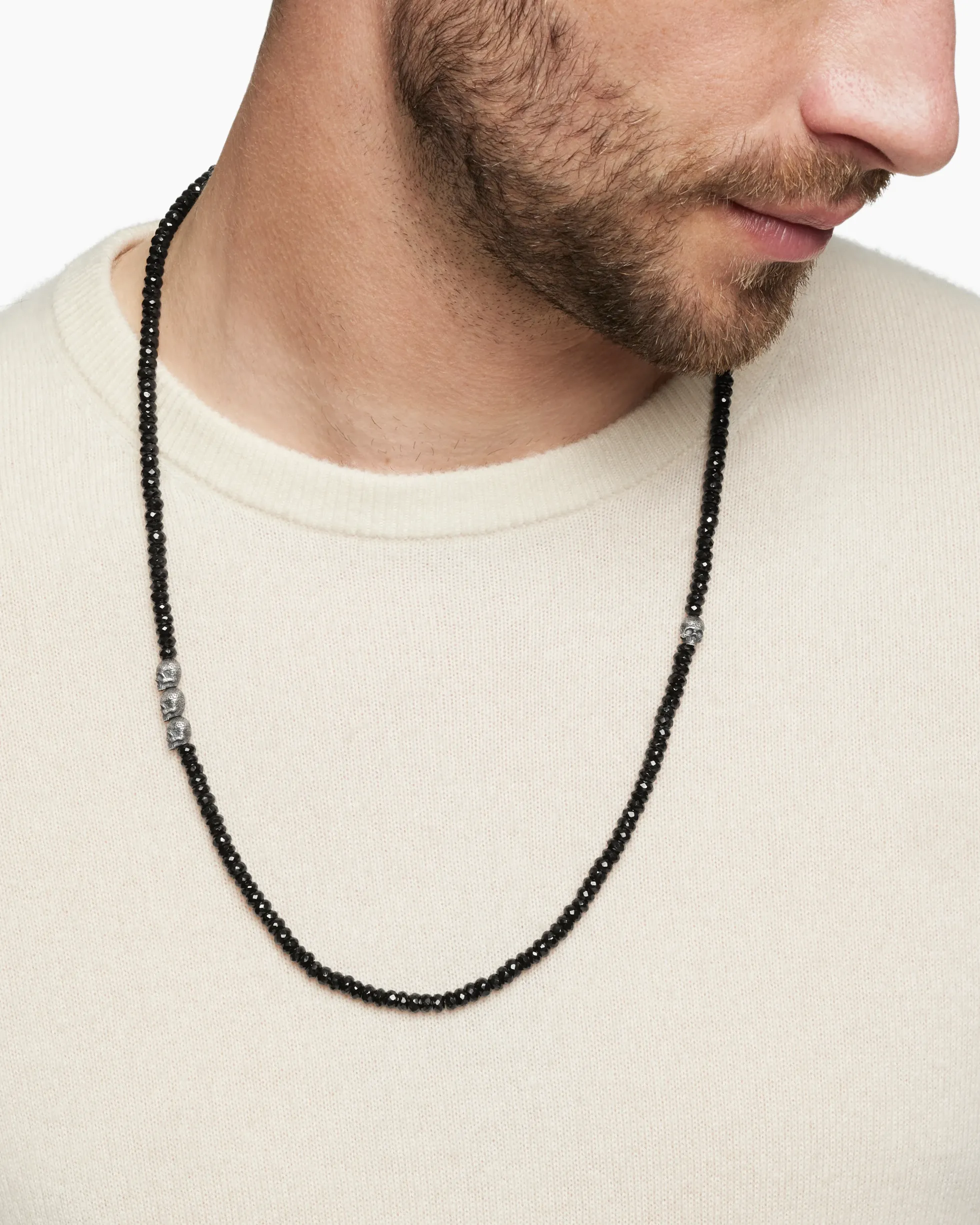 Memento Mori Skull Station Necklace Sterling Silver with Black Spinel, 6mm