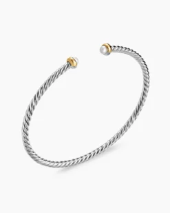 Micro Cable Flex® Bracelet Sterling Silver with 14K Yellow Gold and Pearls, 2.6mm