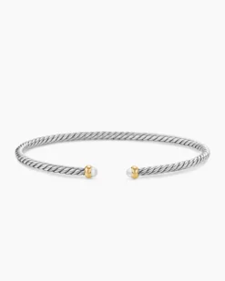 Micro Cable Flex® Bracelet Sterling Silver with 14K Yellow Gold and Pearls, 2.6mm