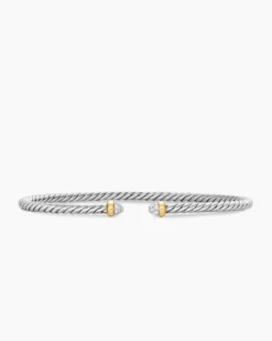 Micro Cable Flex® Bracelet Sterling Silver with 14K Yellow Gold and Pavé Diamond Domes, 2.6mm