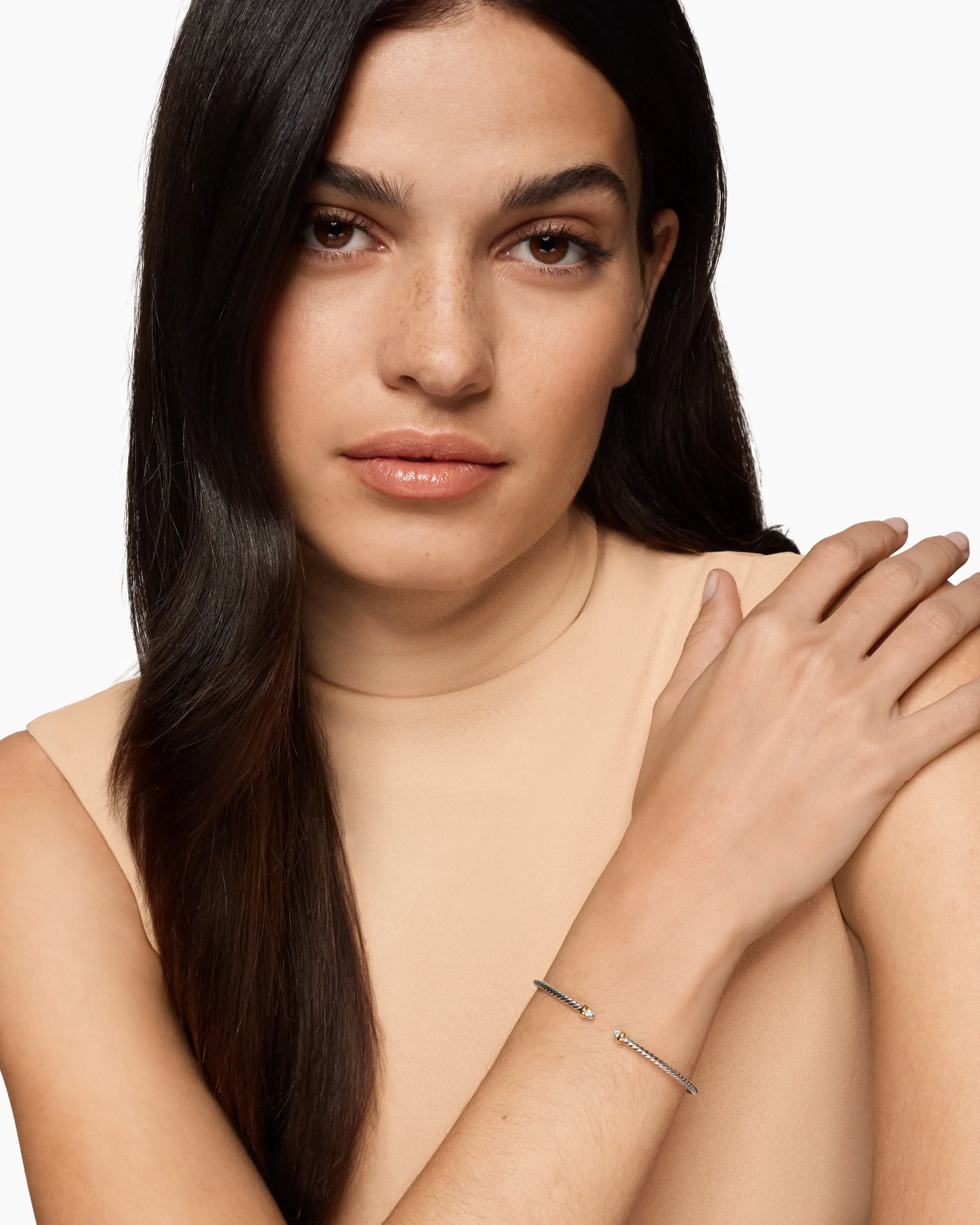 Micro Cable Flex® Bracelet Sterling Silver with 14K Yellow Gold and Pavé Diamond Domes, 2.6mm