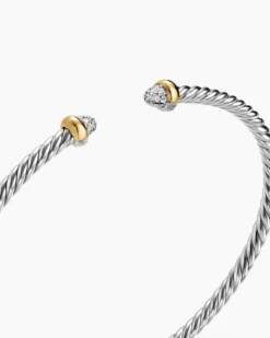 Micro Cable Flex® Bracelet Sterling Silver with 14K Yellow Gold and Pavé Diamond Domes, 2.6mm