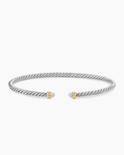 Micro Cable Flex® Bracelet Sterling Silver with 14K Yellow Gold and Pavé Diamond Domes, 2.6mm