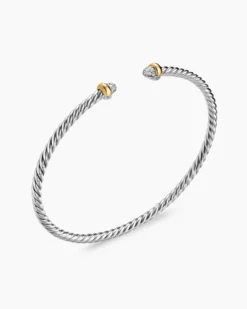Micro Cable Flex® Bracelet Sterling Silver with 14K Yellow Gold and Pavé Diamond Domes, 2.6mm