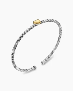 Micro Cable Flex® Heart Station Bracelet Sterling Silver with 14K Yellow Gold, 2.6mm