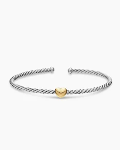 Micro Cable Flex® Heart Station Bracelet Sterling Silver with 14K Yellow Gold, 2.6mm