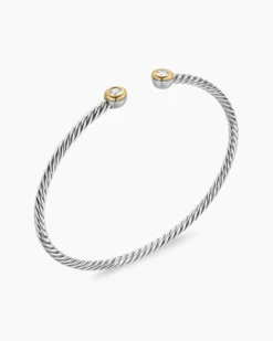 Micro Cable Flex® Round Bracelet Sterling Silver with 14K Yellow Gold and Diamonds, 2.6mm