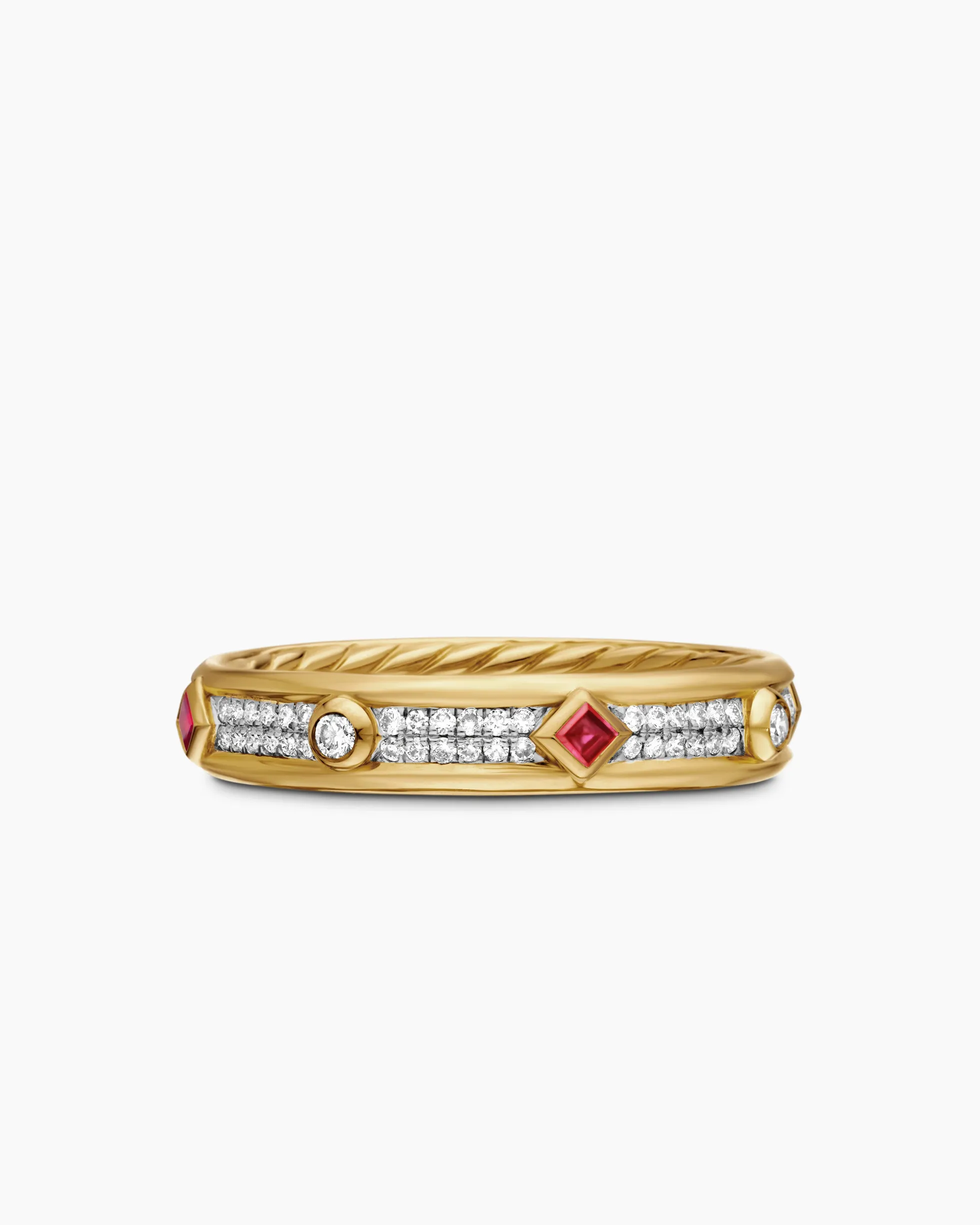 Modern Renaissance® Band Ring 18K Yellow Gold with Diamonds and Rubies, 4mm