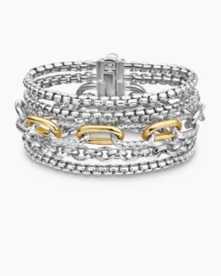 Multi Row Chain Bracelet Sterling Silver with 18K Yellow Gold, 29mm