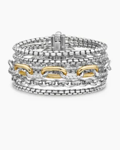 Multi Row Chain Bracelet Sterling Silver with 18K Yellow Gold, 29mm