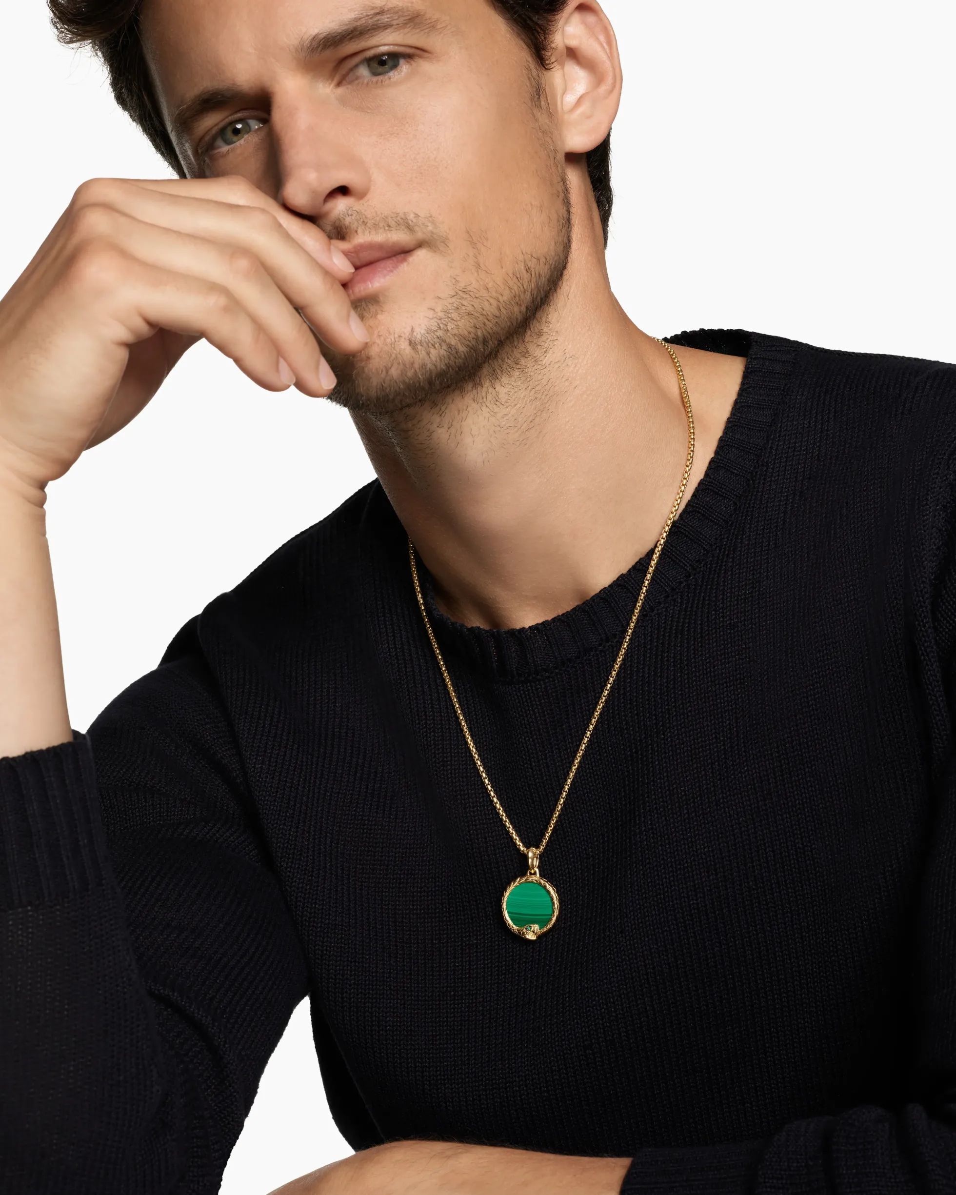 Ouroboros Amulet 18K Yellow Gold with Malachite and Emerald, 25mm