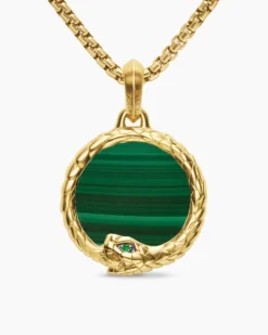 Ouroboros Amulet 18K Yellow Gold with Malachite and Emerald, 25mm