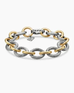Oval Link Chain Bracelet Sterling Silver with 18K Yellow Gold, 12mm