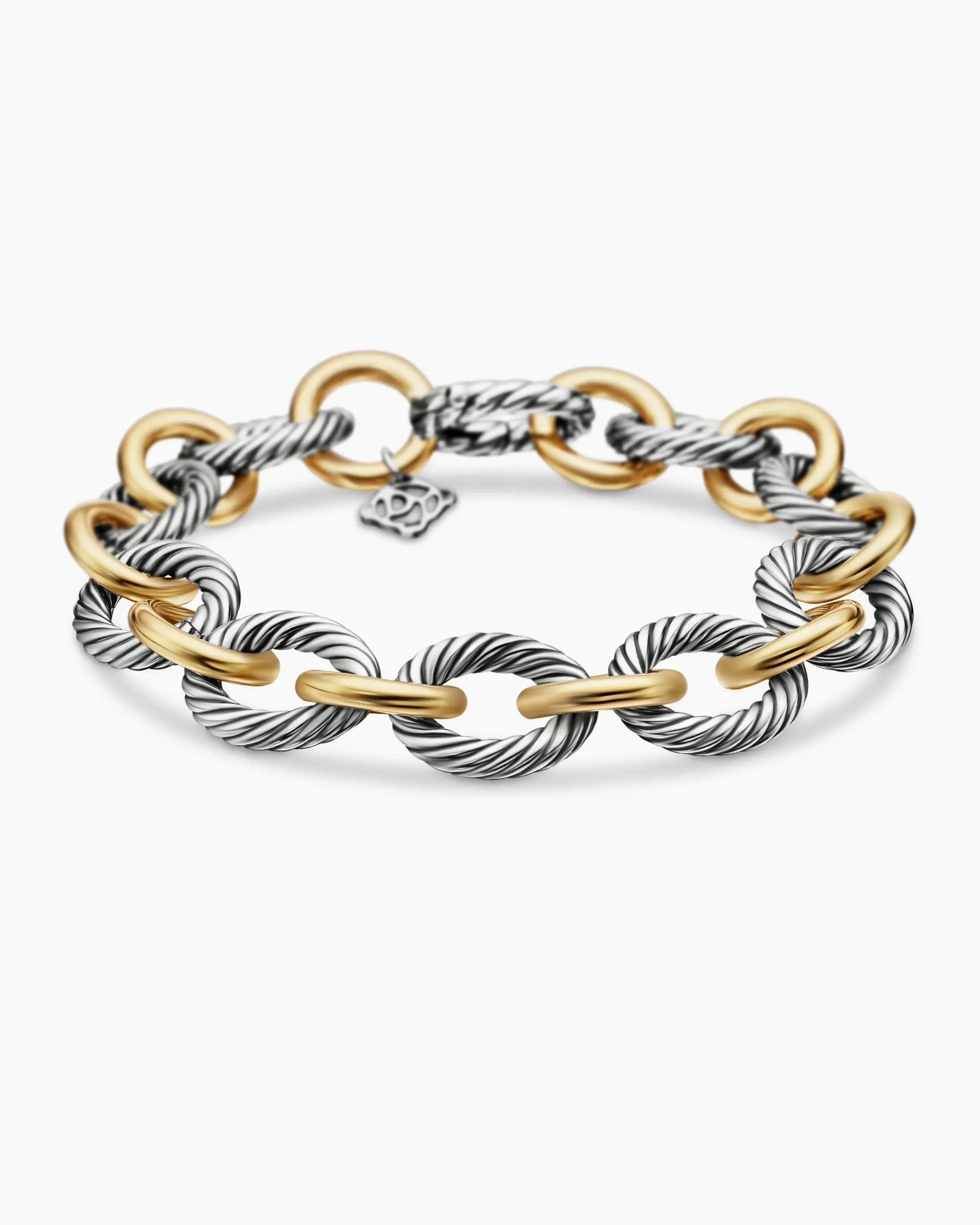 Oval Link Chain Bracelet Sterling Silver with 18K Yellow Gold, 12mm