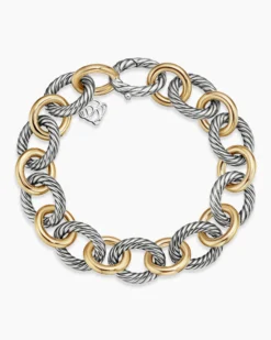 Oval Link Chain Bracelet Sterling Silver with 18K Yellow Gold, 12mm