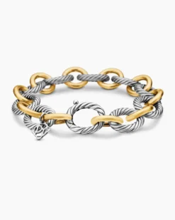 Oval Link Chain Bracelet Sterling Silver with 18K Yellow Gold, 12mm