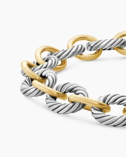 Oval Link Chain Bracelet Sterling Silver with 18K Yellow Gold, 10mm