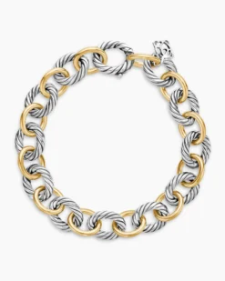 Oval Link Chain Bracelet Sterling Silver with 18K Yellow Gold, 10mm
