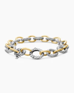 Oval Link Chain Bracelet Sterling Silver with 18K Yellow Gold, 10mm