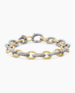 Oval Link Chain Bracelet Sterling Silver with 18K Yellow Gold, 10mm