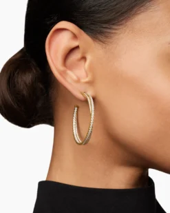 Pavé Crossover Hoop Earrings 18K Yellow Gold with Diamonds, 1.75in