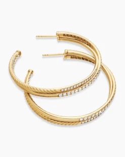 Pavé Crossover Hoop Earrings 18K Yellow Gold with Diamonds, 1.75in