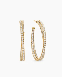 Pavé Crossover Hoop Earrings 18K Yellow Gold with Diamonds, 1.75in