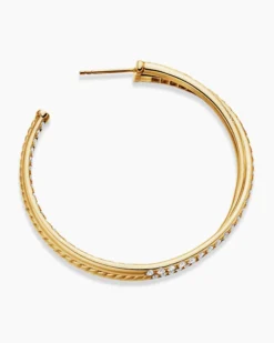 Pavé Crossover Hoop Earrings 18K Yellow Gold with Diamonds, 1.75in